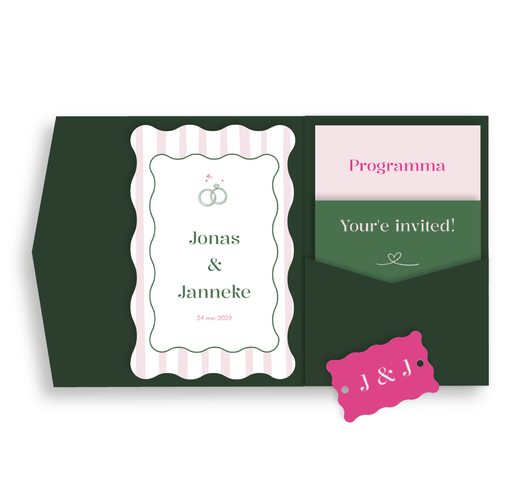 Pocketfold trouwkaart met strepen en golvende vorm | Groen en roze