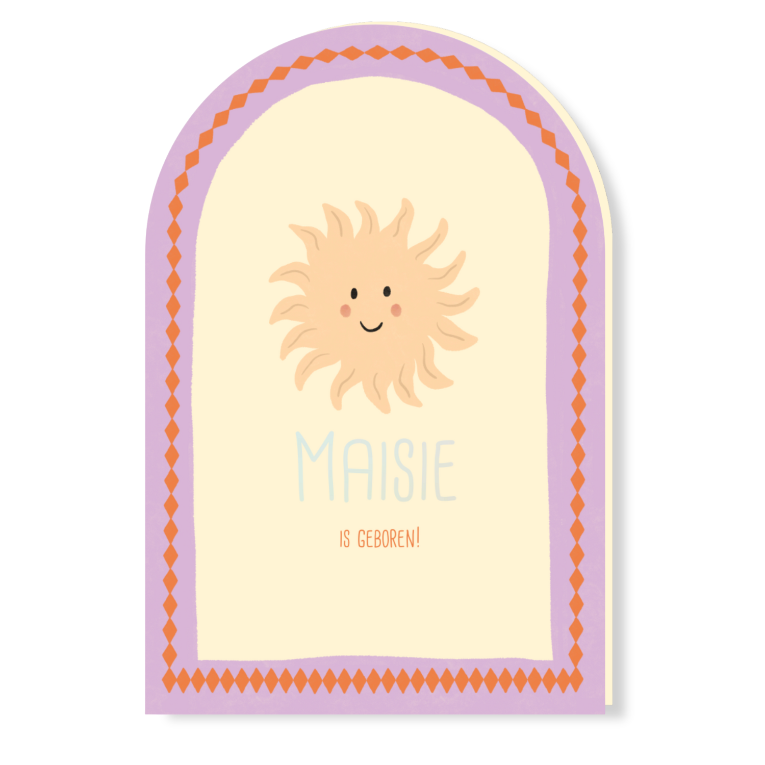 Geboortekaartje Halve boog dubbel zonnetje ruitjes paars oranje Maisie