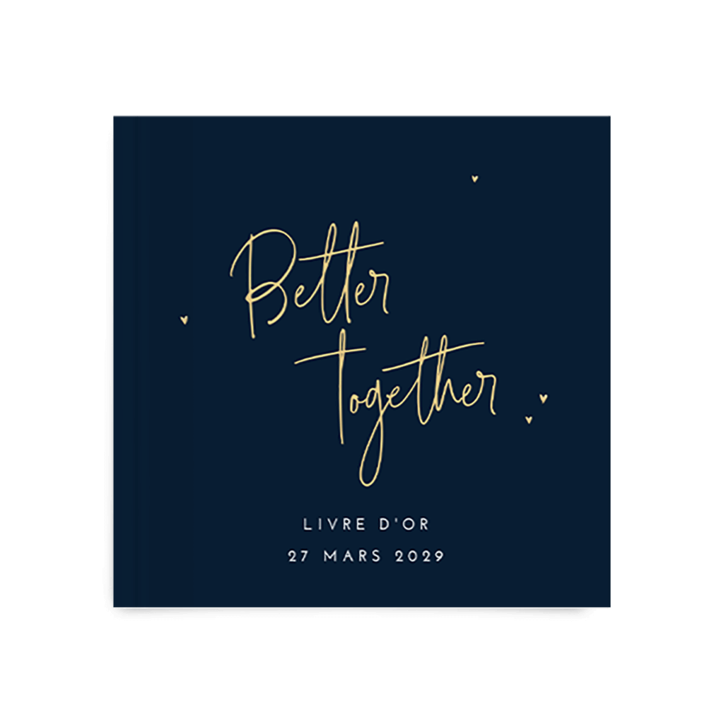 Livre d'or avec fond bleu nuit, coeur jaune doré et message en anglais