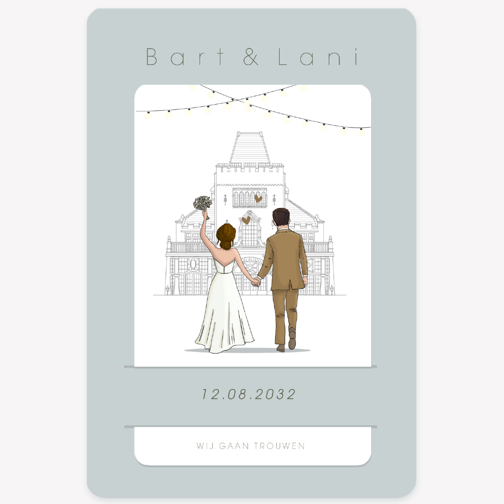 Labelkaart met insteek bruidspaar kasteel