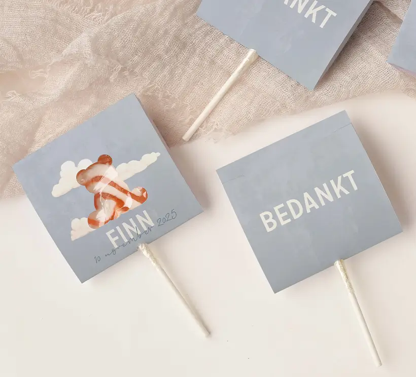 Doopsuiker lollyhoesje blauw met uitsnede beertje | 3 stuks