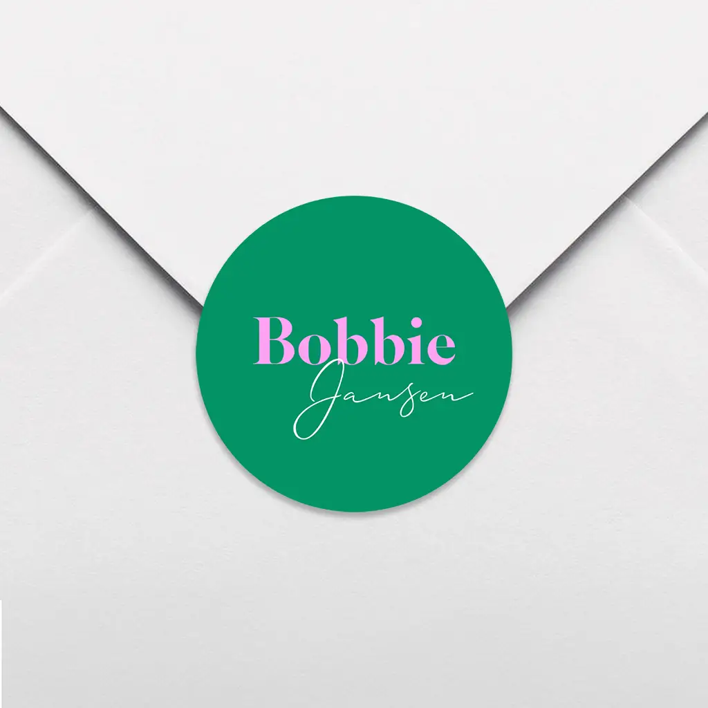 Sluitsticker groen colorblocking met naam - per 25 stuks