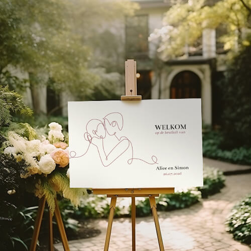 Welkomstbord bruiloft met lijntekening verliefd koppel