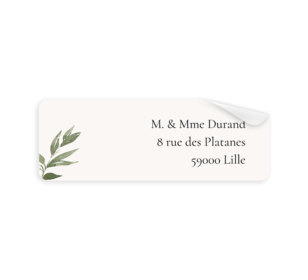 Étiquette destinataire mariage avec feuille olivier sur fond beige - par 14 ex.