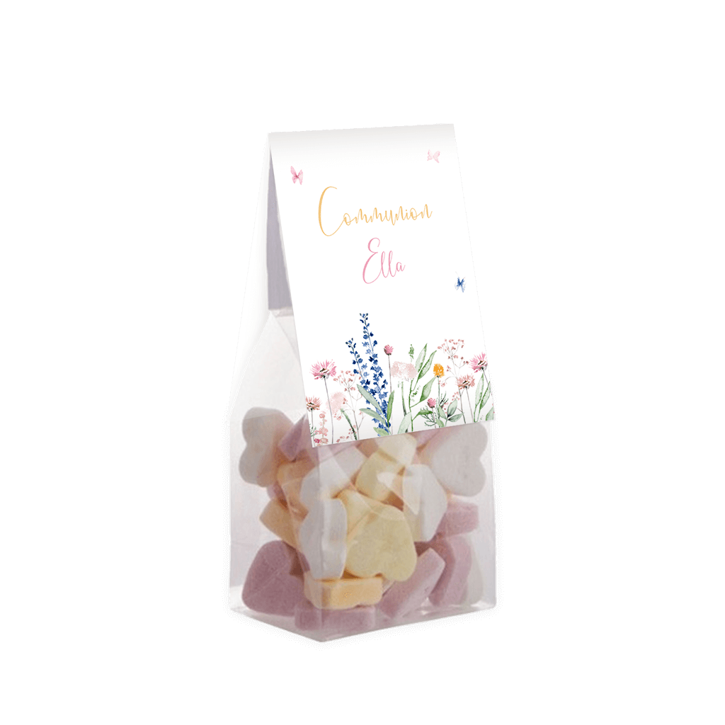 Étiquette de sachet à dragées communion avec papillons et fleurs