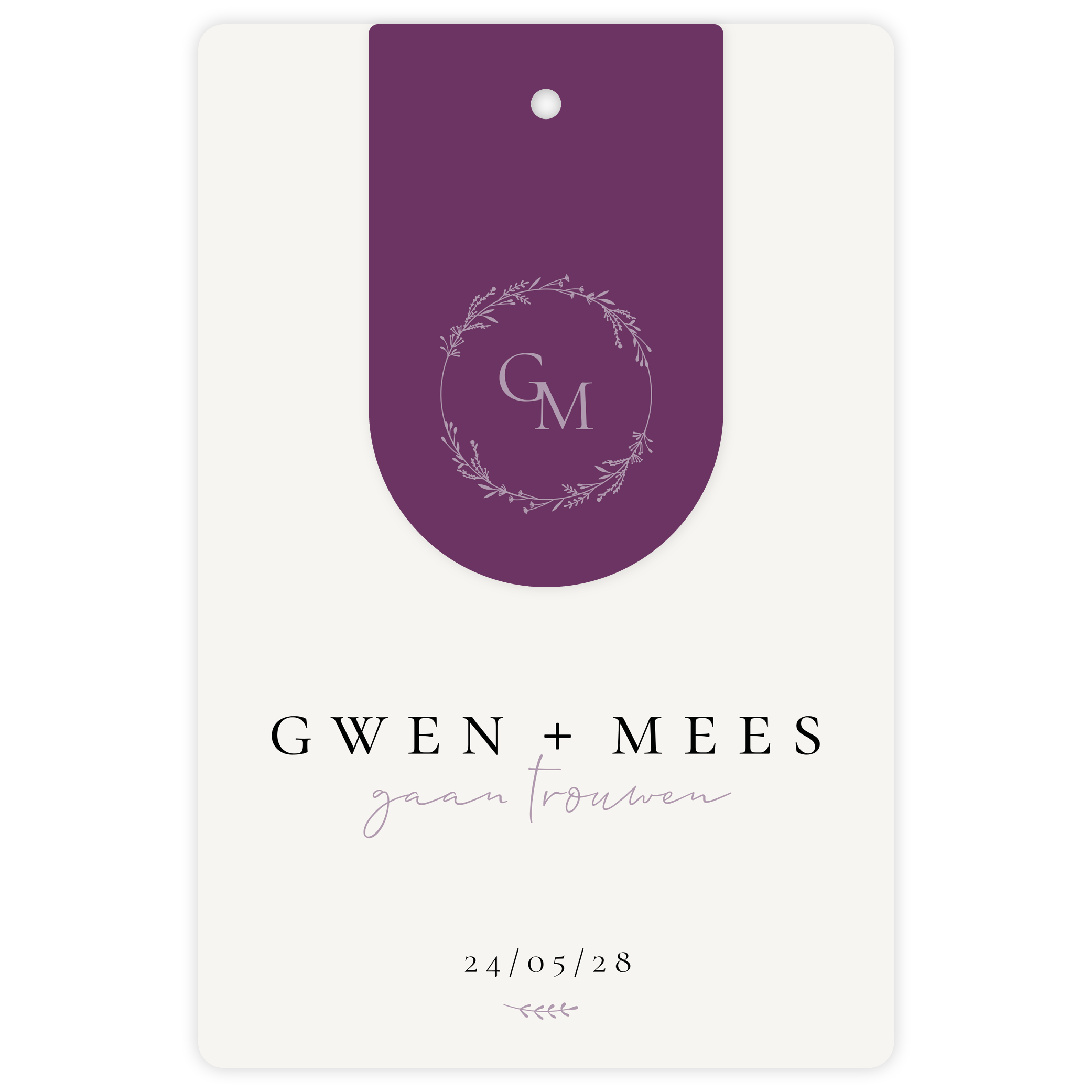 trouwkaart met label en trouwlogo met initialen