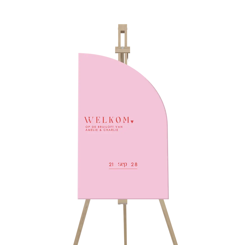 Welkomstbord bruiloft met colour blocking in roze en rood