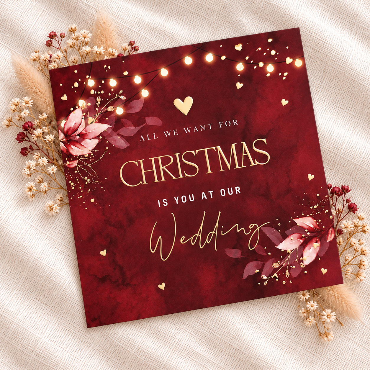 Trouwkaart winter wedding kerst rood goudfolie