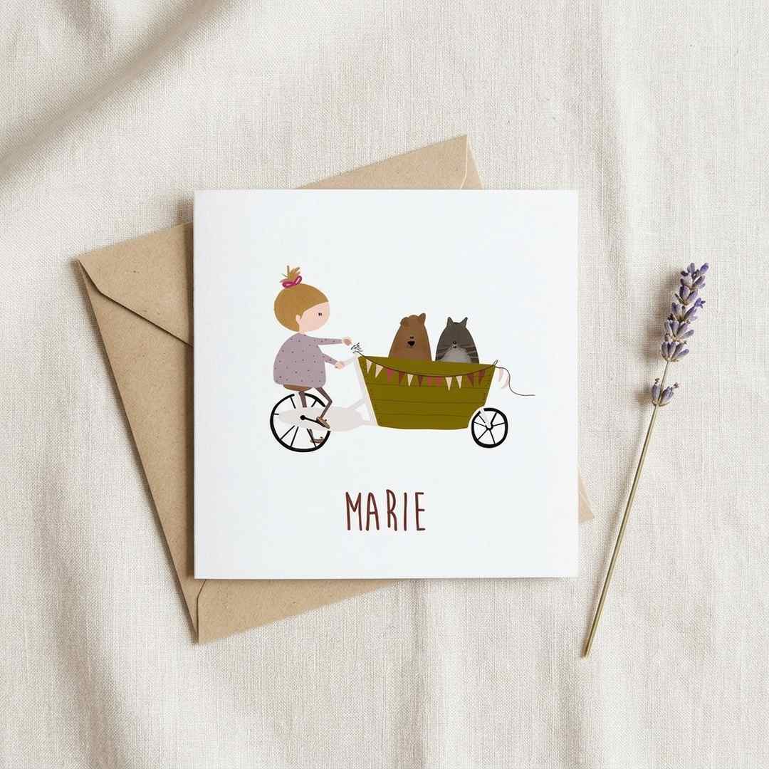Geboortekaartje meisje bakfiets kat hond