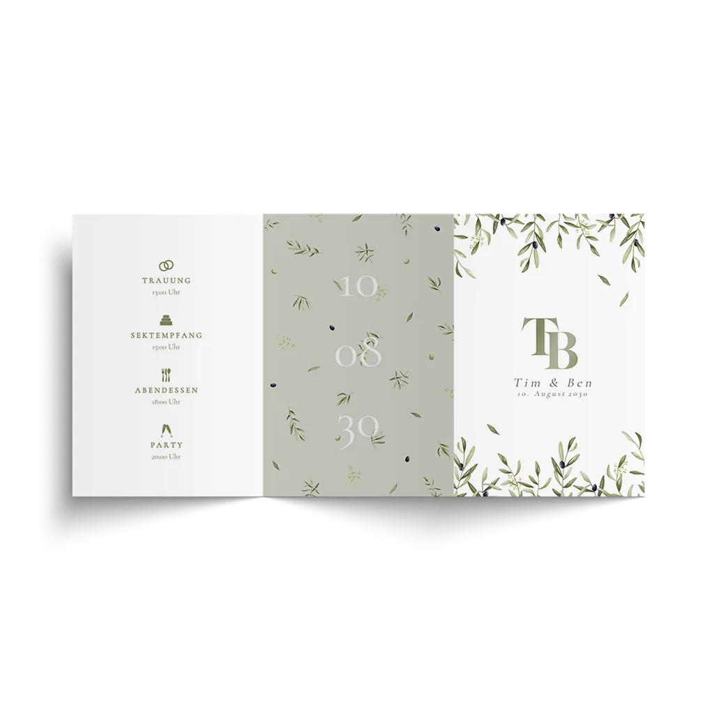 Hochzeitseinladung in Weiß und Grün mit Zweigen und Tagesablauf