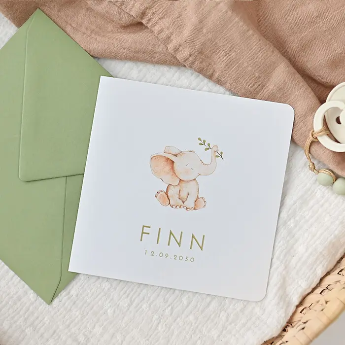 Lief geboortekaartje met olifantje en takje
