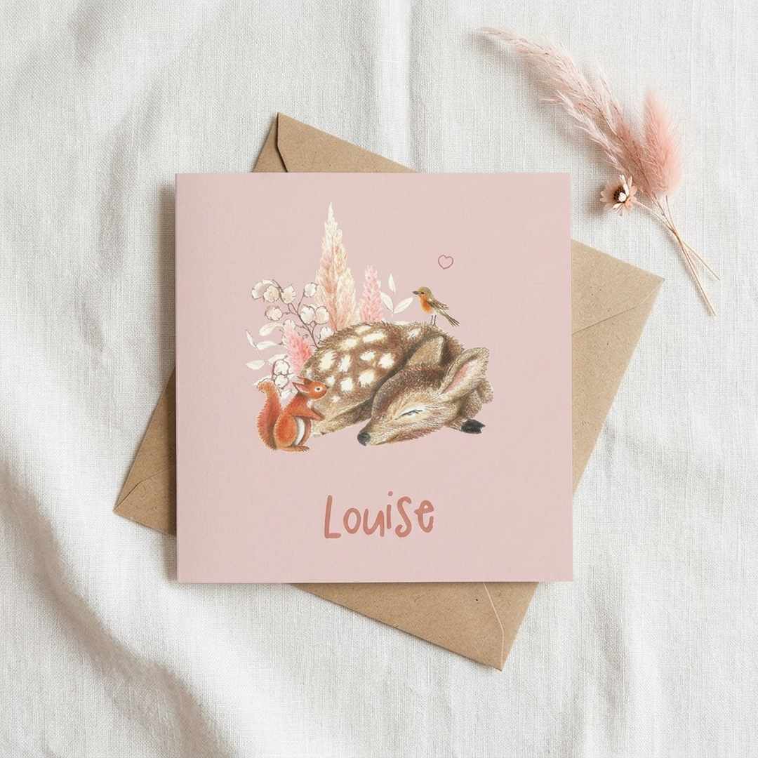Geboortekaartje met droogbloemen, hertje en bosdieren