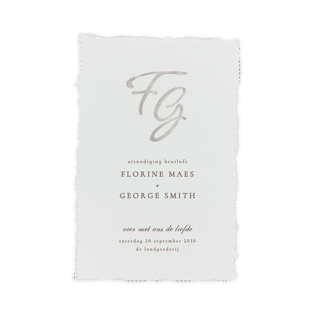 Trouwkaart handgeschept papier look met initialen