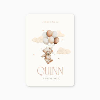 Lief geboortekaartje met beertje en ballonnen