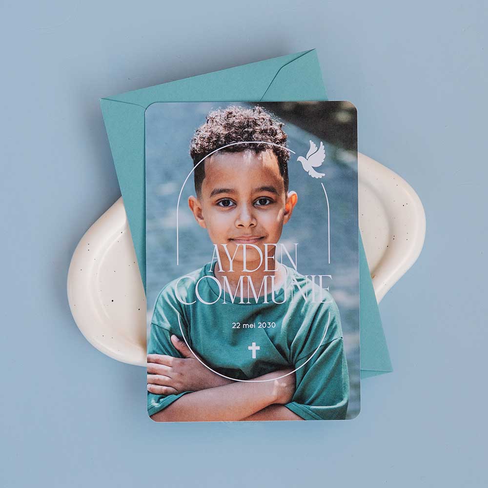 Communie uitnodiging jongen met foto en kader