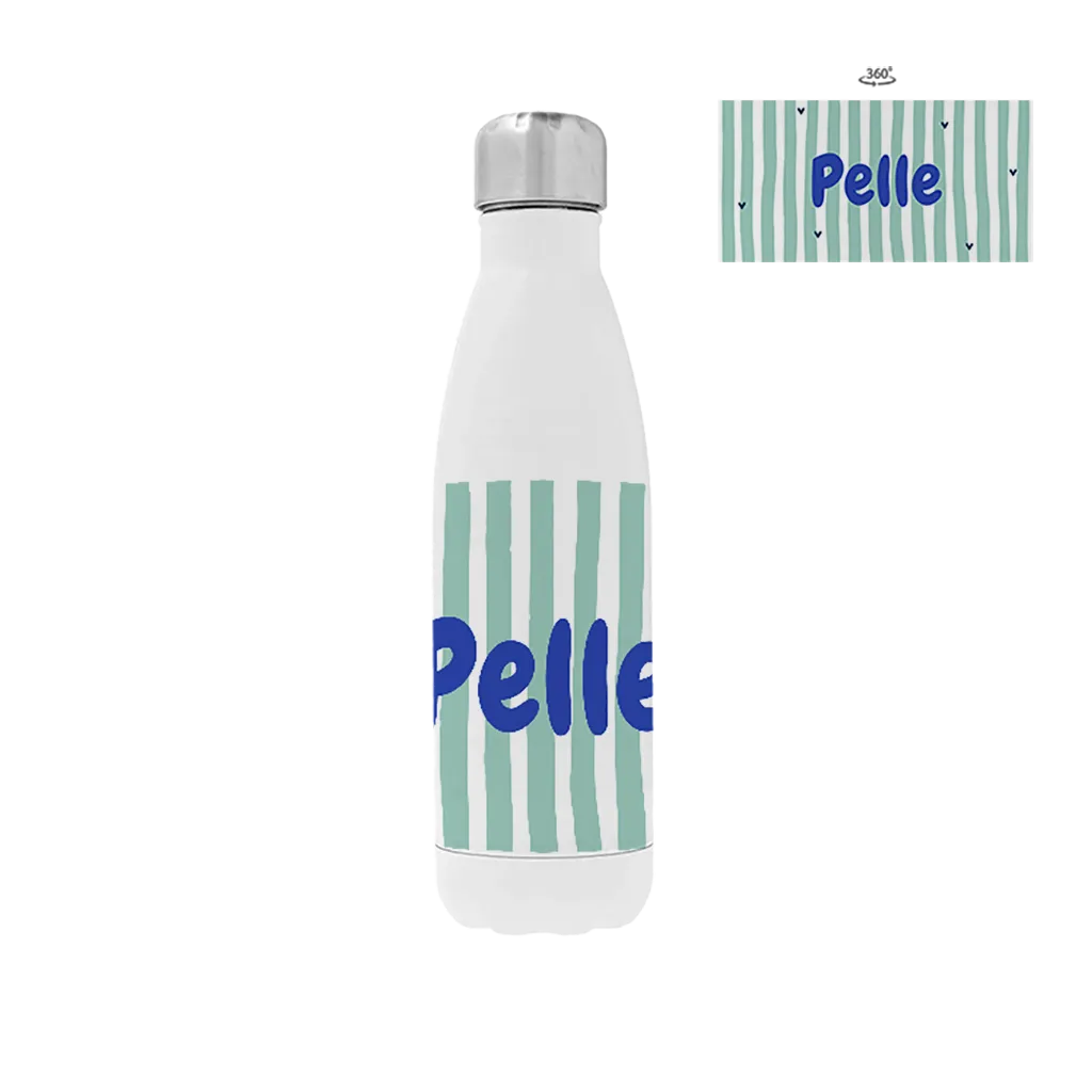 Trinkflasche aus Edelstahl mit Namen und gestreiftem Colorblocking in Grün/Blau     