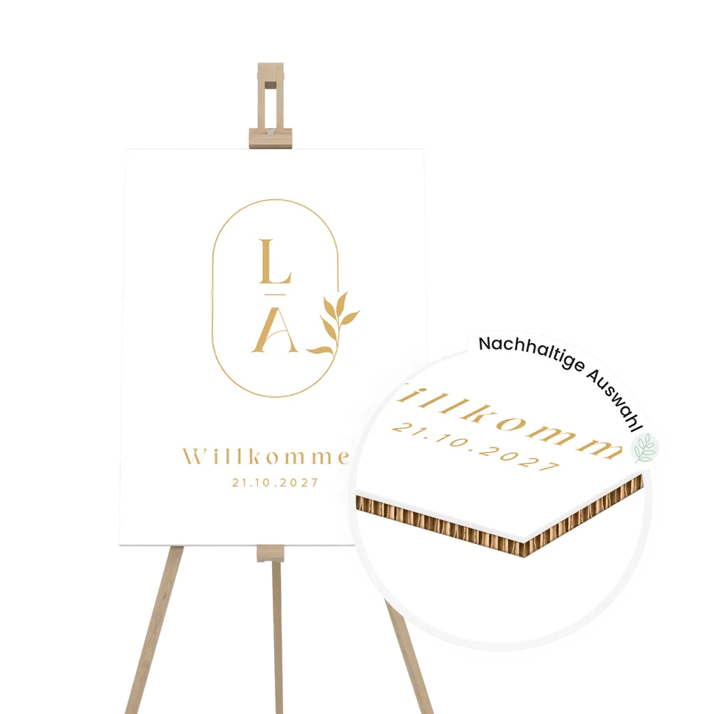 Klassisches Willkommensschild Hochzeit mit Initialen des Brautpaars