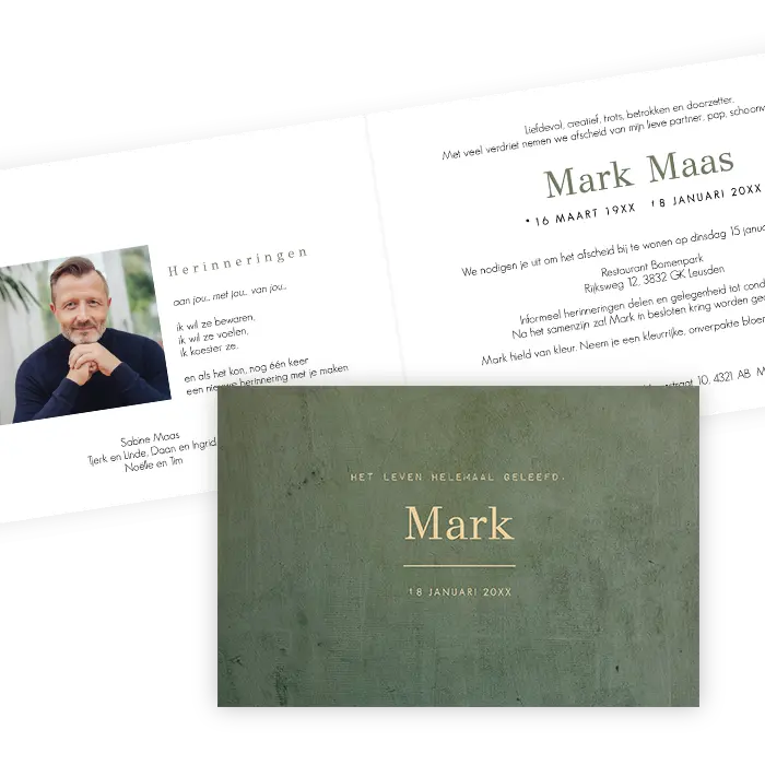 Rouwkaart man in stoer groen en strakke typografie