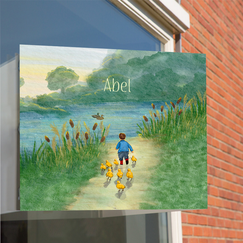 Raambord kindje in landschap met babyeendjes