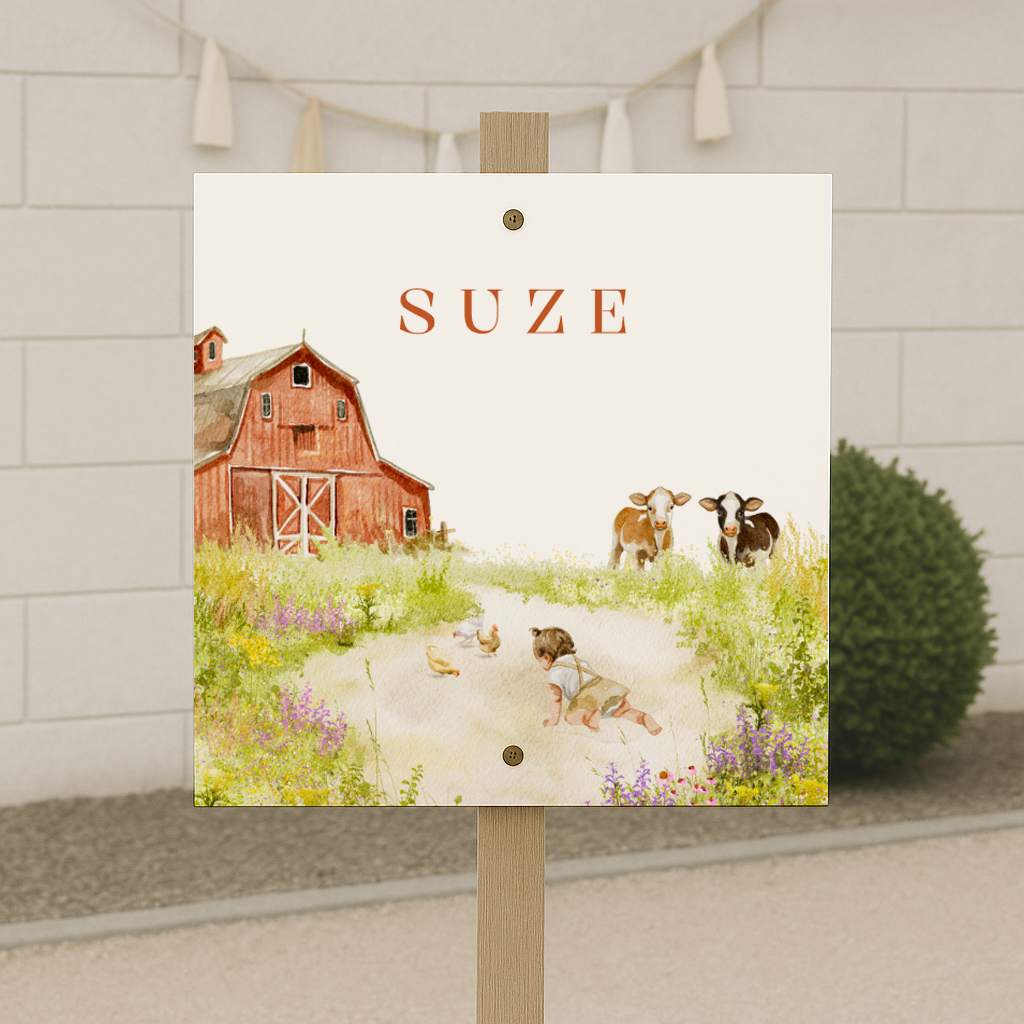 tuinbord geboortekaartje boerderij koeien meisje gras lente 70x70