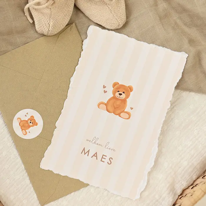Geboortekaartje handgeschept papier look streepjes met beertje (DIY)