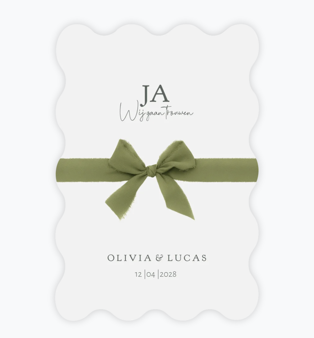 Trouwkaart strik van lint wit design stansvorm