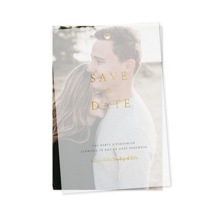 Kalkpapier Save the Date met foto en goudfolie
