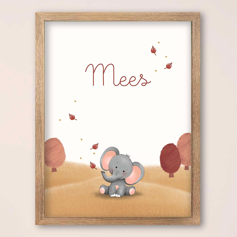 Lieve geboorteposter met olifantje in warme herfsttinten
