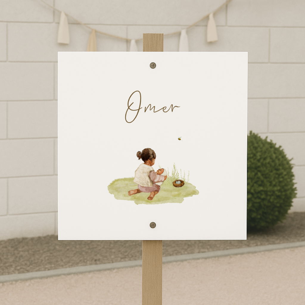 Getekend tuinbord getinte kindjes zus lente