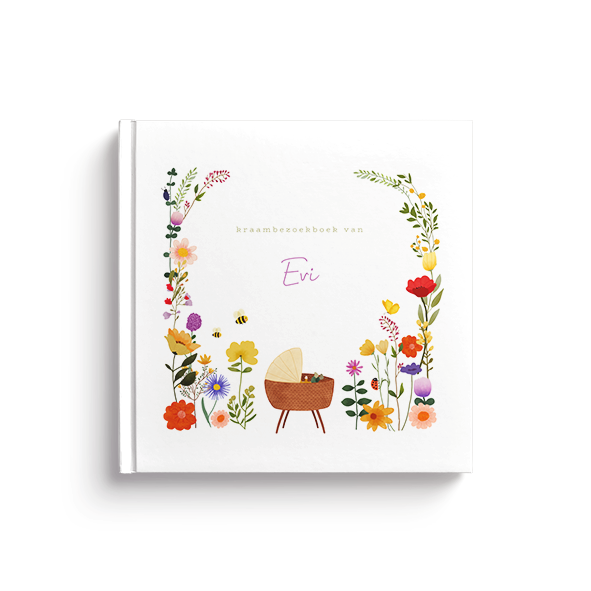 Kraambezoekboek met bloemen en een wiegje