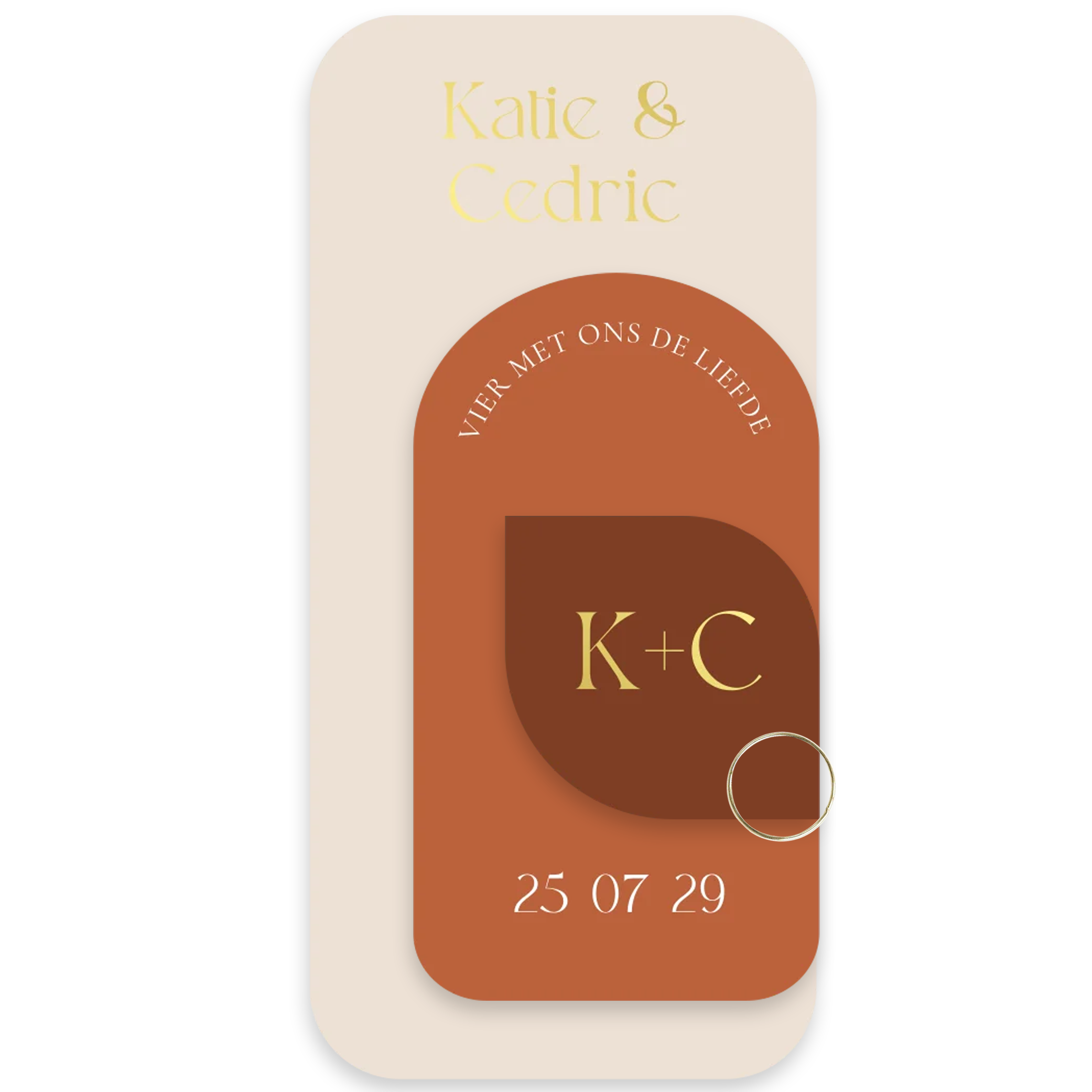 Labelkaart trouwkaart langwerpig roestbruin goudfolie