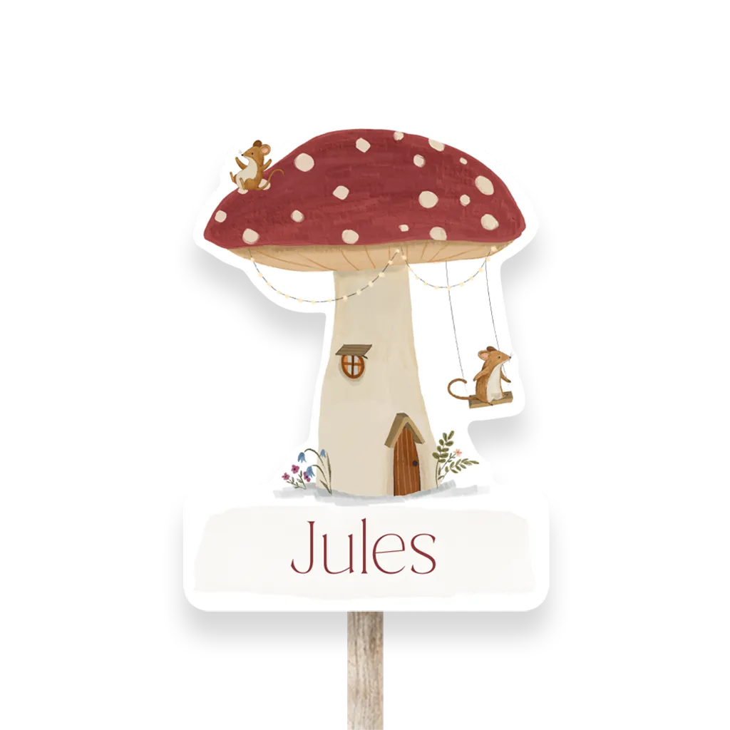 Geboortebord tuin in vorm van paddenstoel met muisjes
