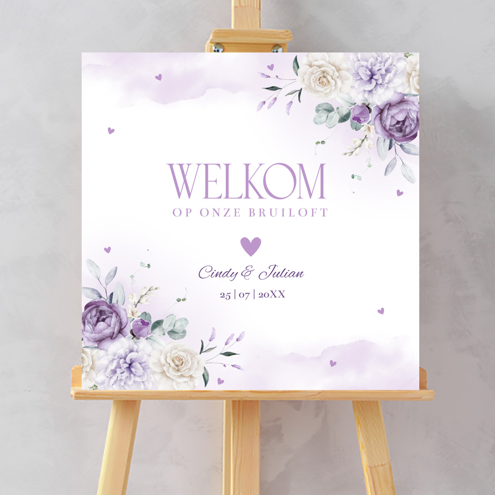 Welkomstbord bloemen paars watercolour vierkant