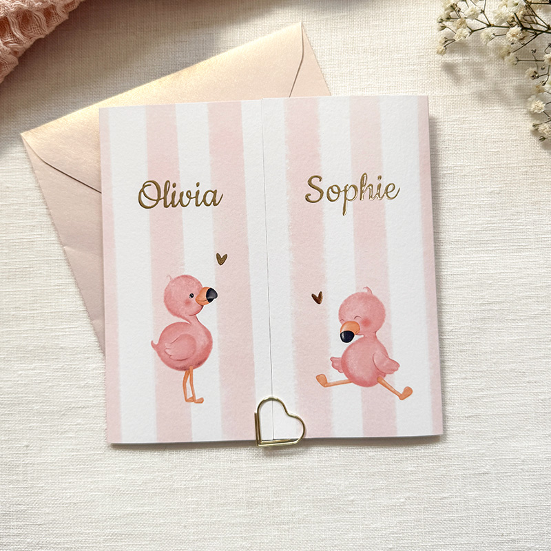 Geboortekaartje tweeling meisje theatervouw flamingo’s en goudfolie
