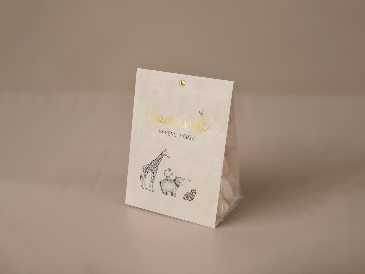 Doopsuiker snoepzakje met beige velvet-look en getekende jungledieren