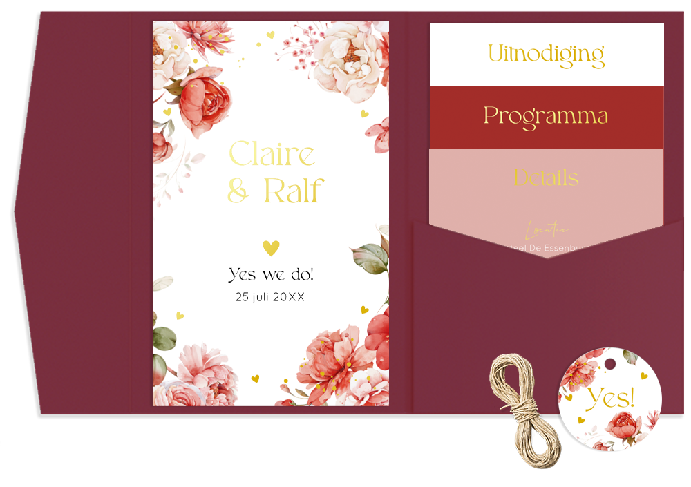 Pocketfold trouwkaart meerdere kaartjes bloemen rood goudfolie