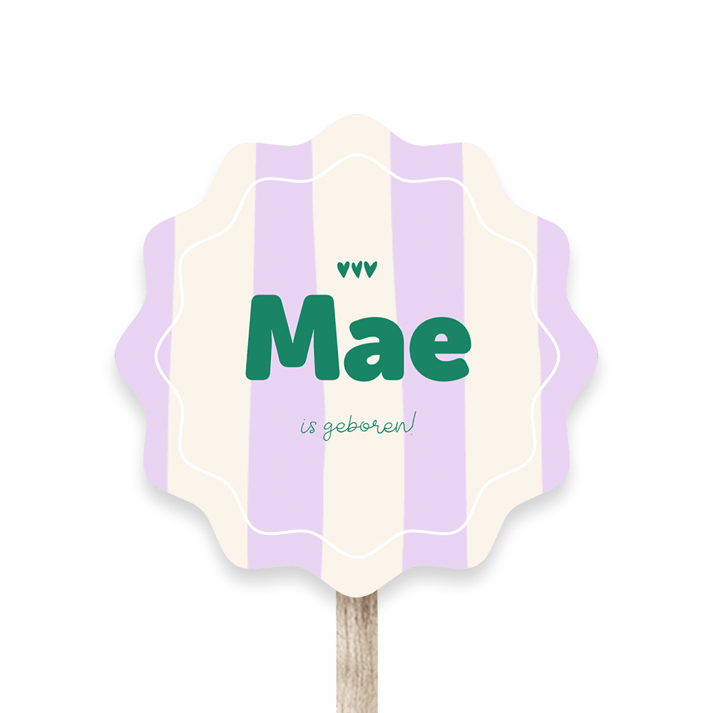 Tuinbord in originele vorm met lila strepen en groene tekst