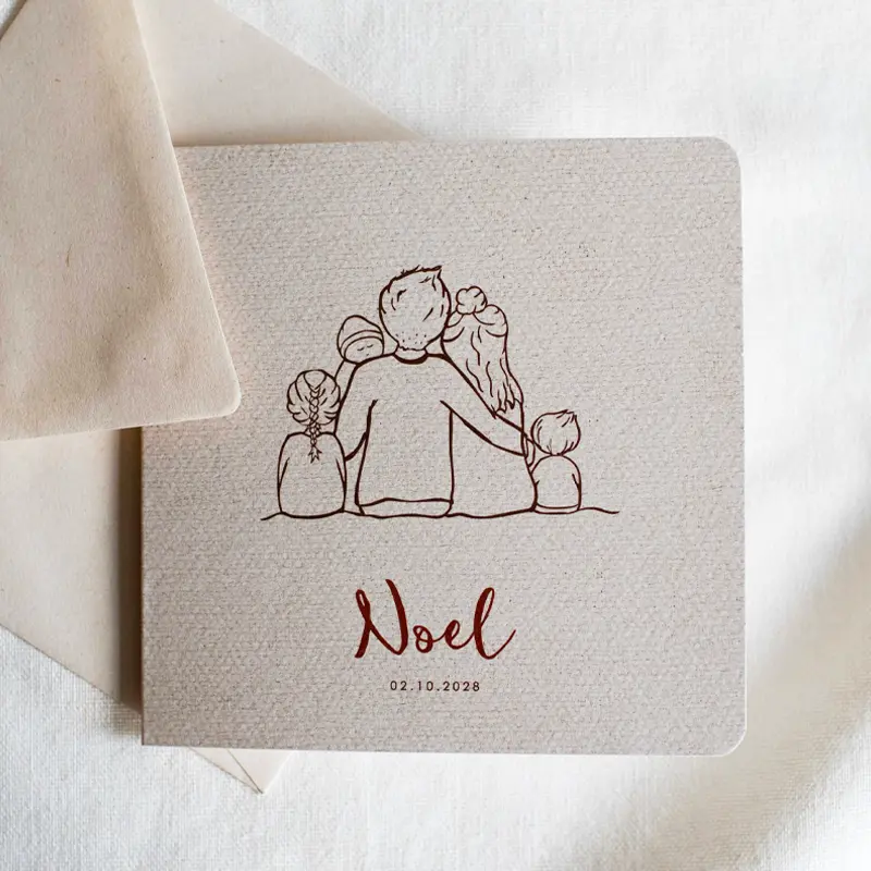 Geboortekaartje lijntekening gezin broer zus linnen look