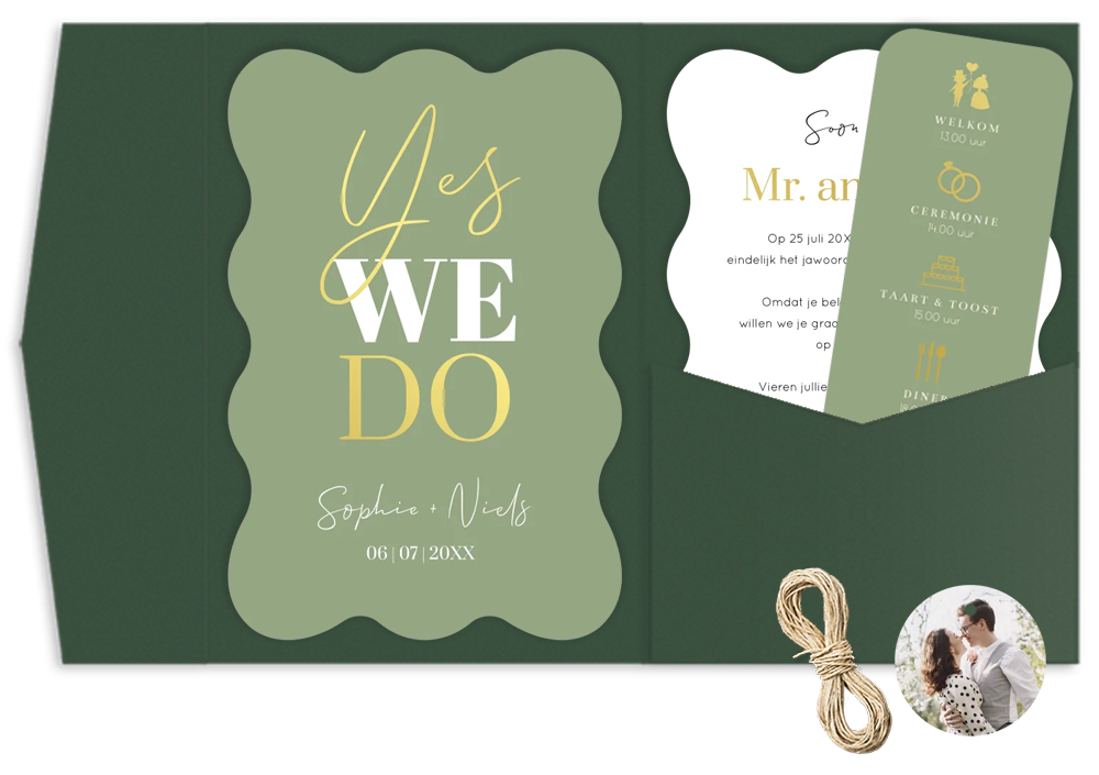 Pocketfold trouwkaart groen golvend trouw symbolen goudfolie