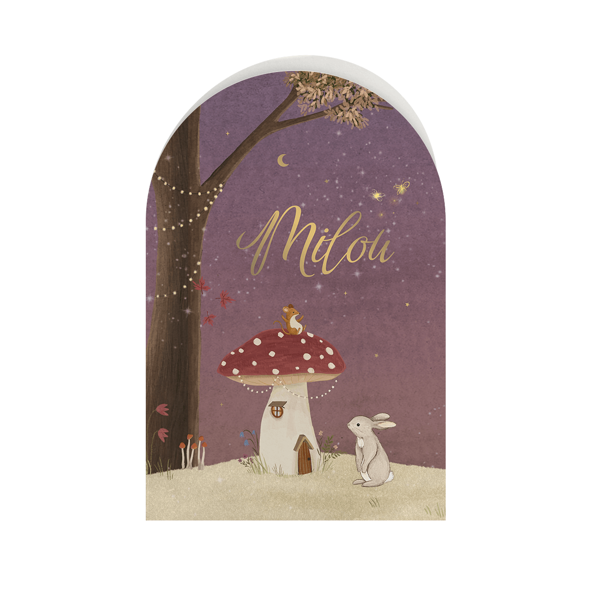 Geboortekaartje boogvorm met dieren in betoverend bos en mat goudfolie