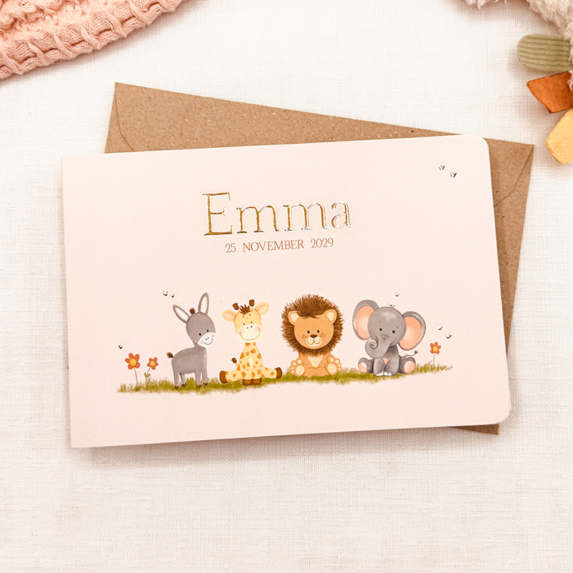 Geboortekaartje Emma met lieve dierenvriendjes roze en goudfolie