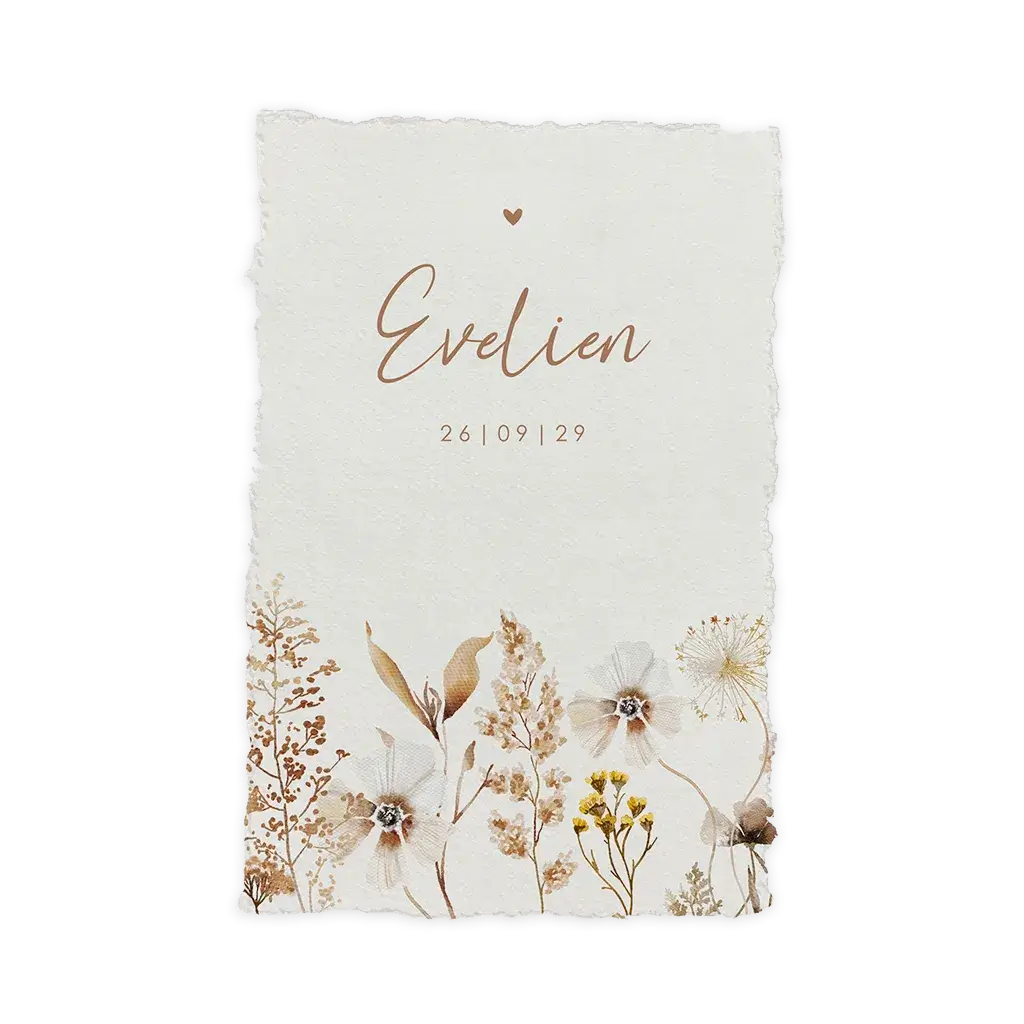 Geboortekaartje handgeschept papierlook met veldbloemen (DIY)