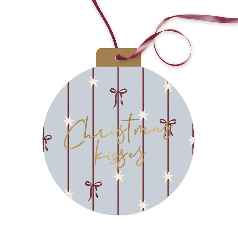 Weihnachtskarte in Christbaumkugelform mit Schleifen und Mattgoldfolie
