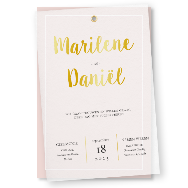 Stijlvolle kalkpapier trouwkaart met goudfolie