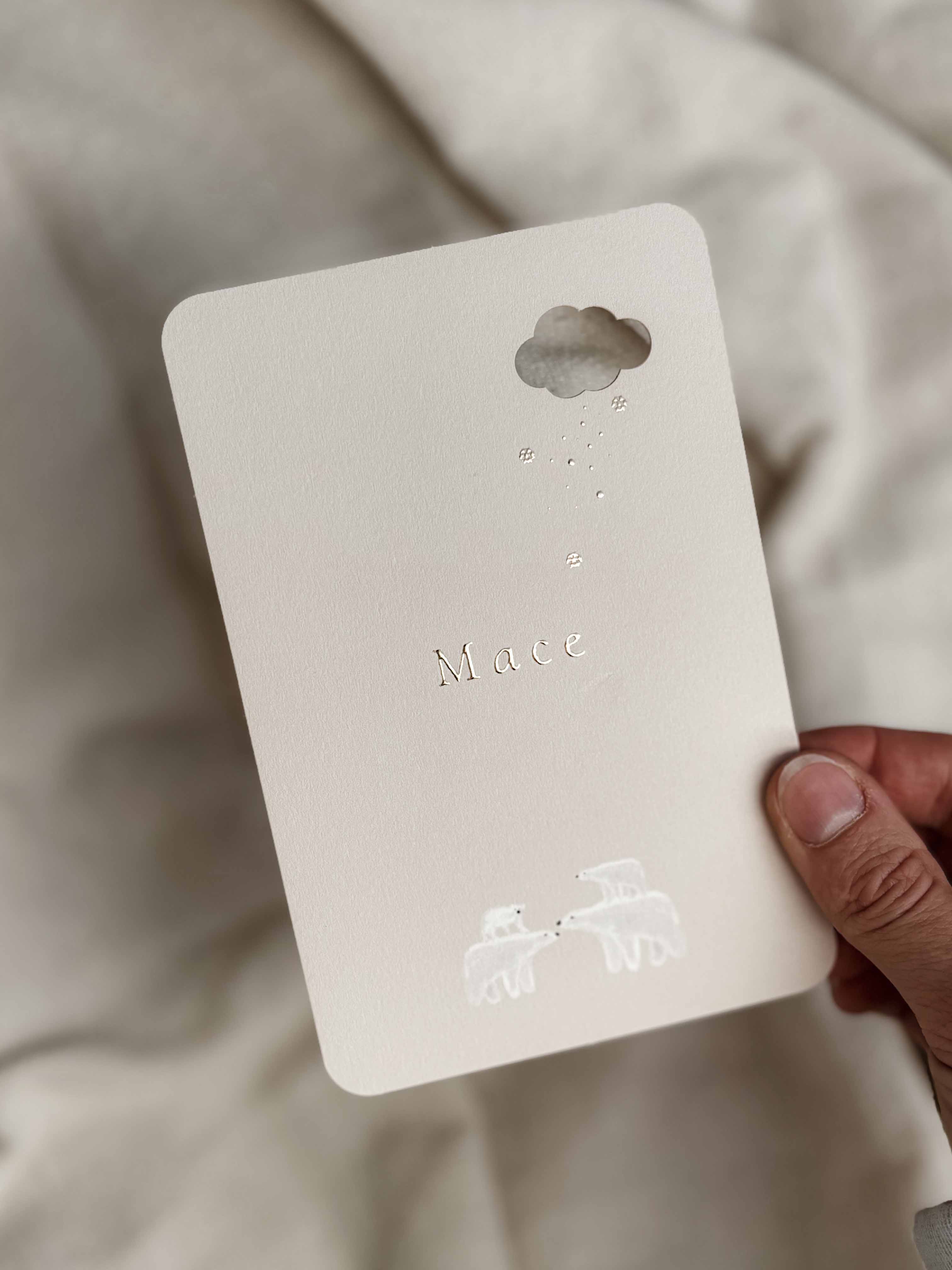 Geboortekaartje wolk uitsnede sneeuw ijsbeerfamilie beige goudfolie