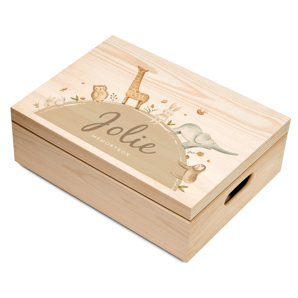 Dieren geboorte memory box met wereldbol en olifant, konijn en giraf