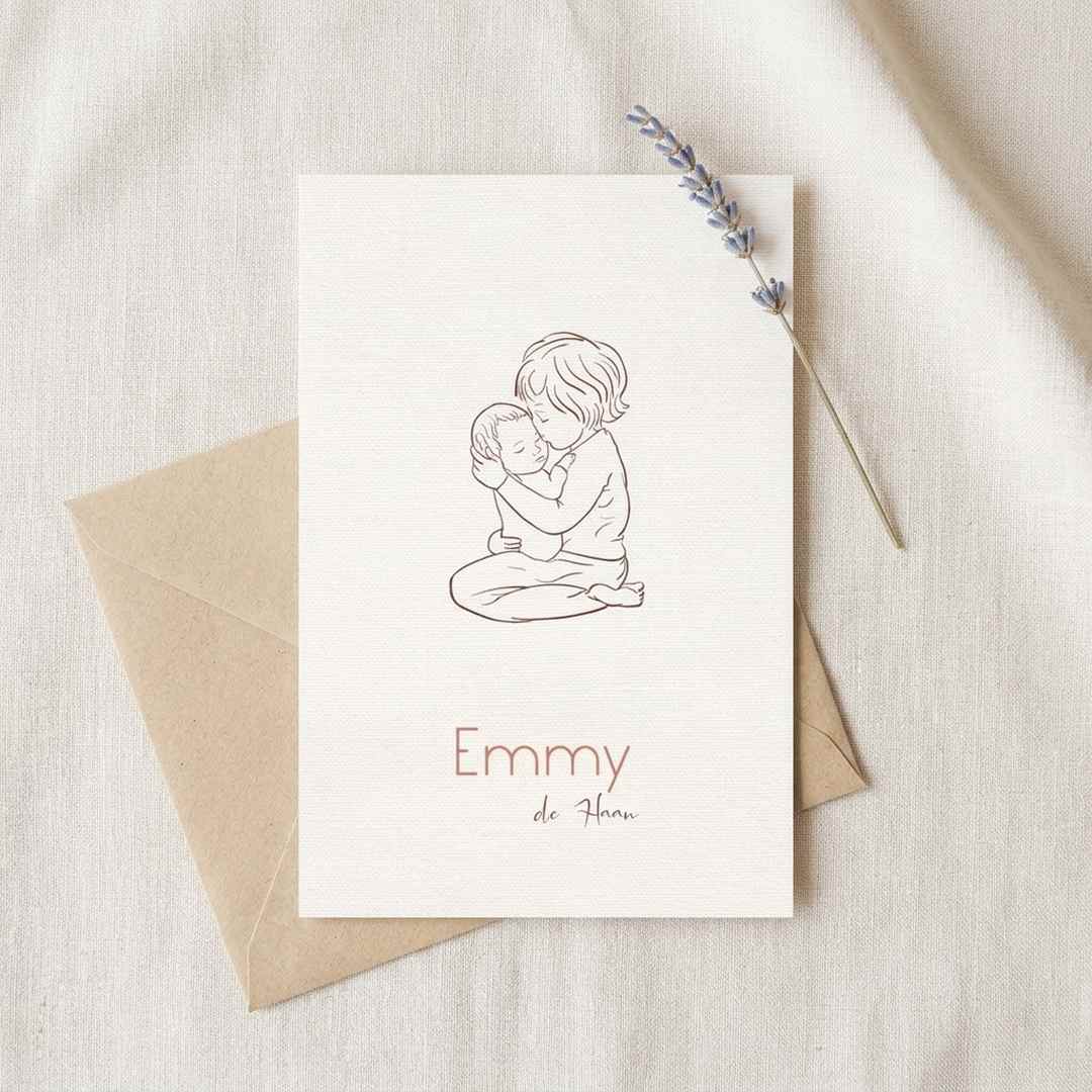 Geboortekaartje meisje lijntekening zus met baby zusje in armen