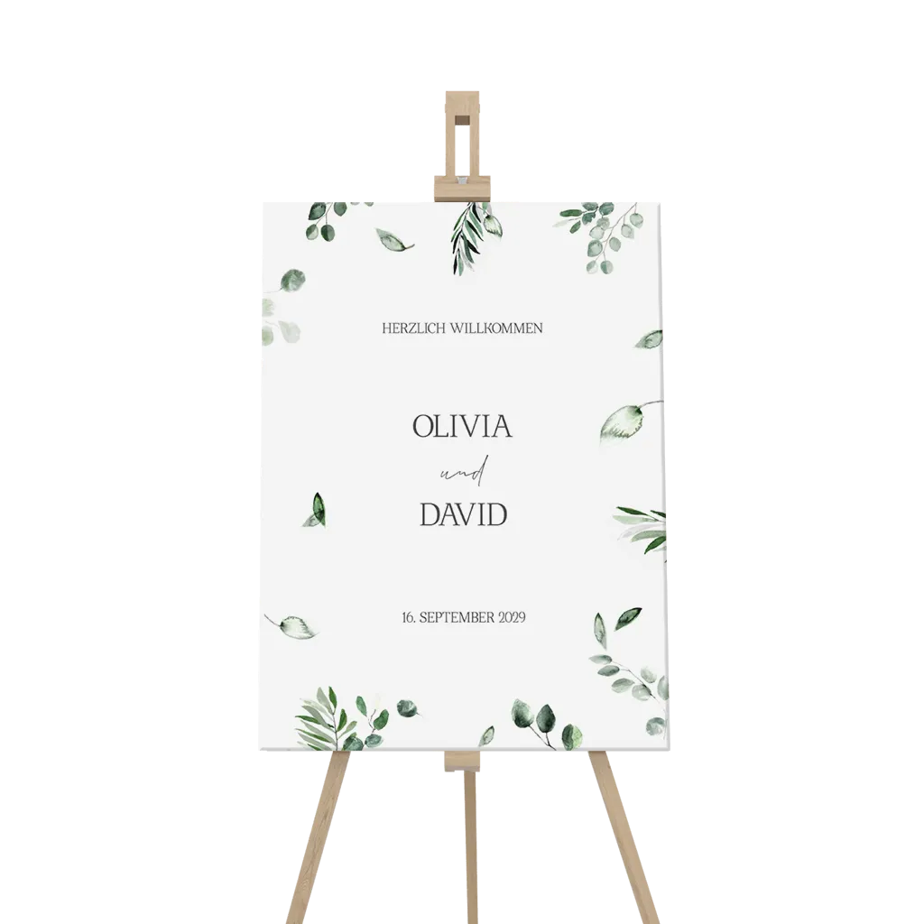 Willkommensschild mit Eukalyptuszweigen
