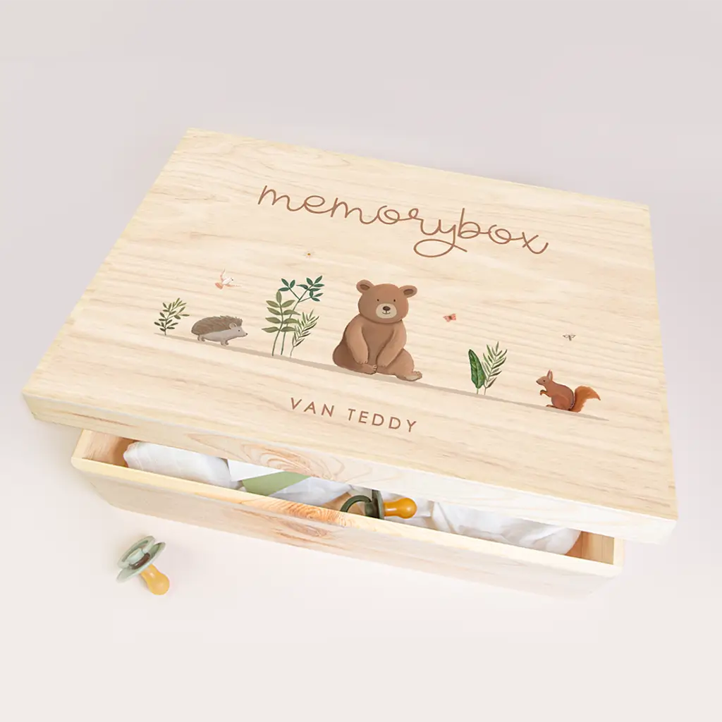 Houten memorybox met vrolijke bosdieren