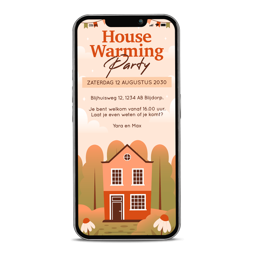 Housewarming uitnodiging digitaal met huis in bos met feestslinger